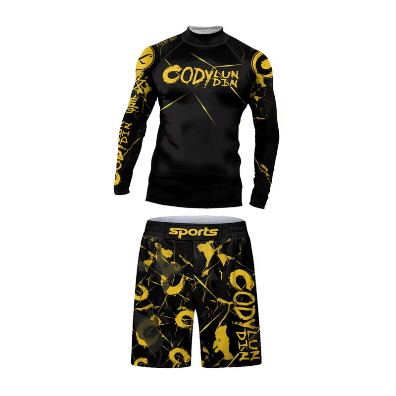 Men'S Jiu Jitsu BJJ Rash Guard T-Shirt Pant Rashguard MMA Compression Shirt for Sportsuit Training Boxing Jerseys No-Gi Shorts